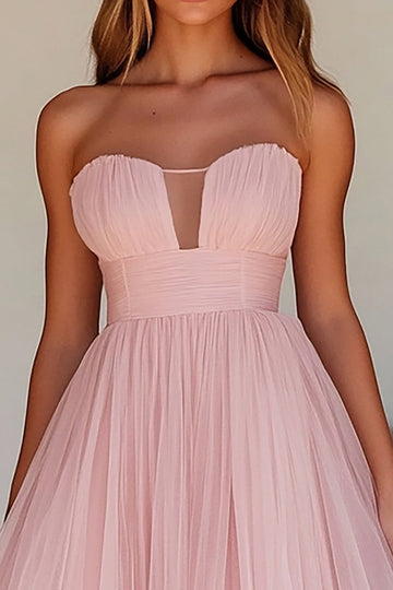 Pink A Line Strapless Tulle Long Wedding Guest Dress
